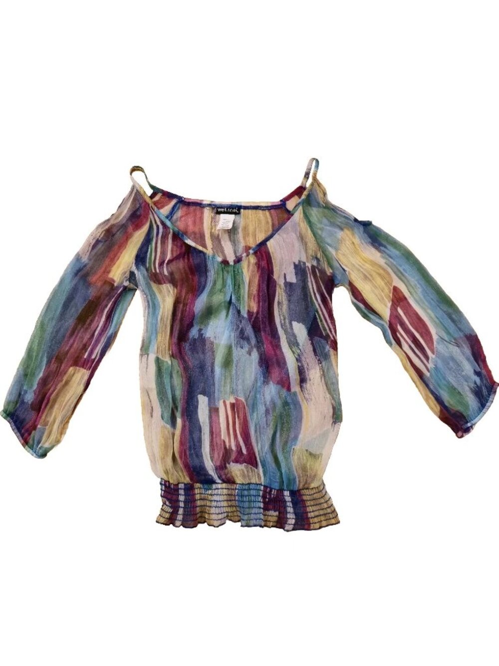 Y2k VTG WET SEAL Women's Sz S Lace Blouse 3/4 Sleeve Water Color Sheer Peasant